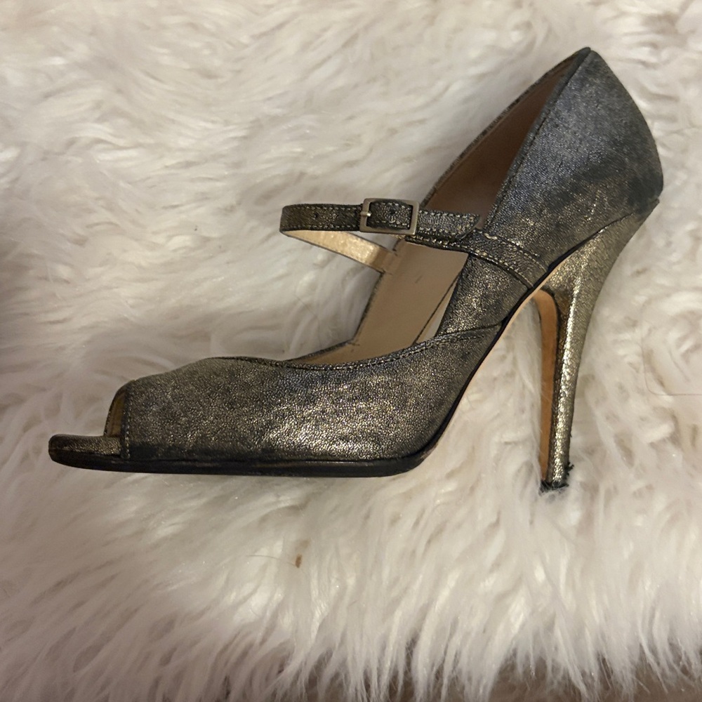 Jimmy Choo Metallic Pewter T-Strap Peep-Toe Heels